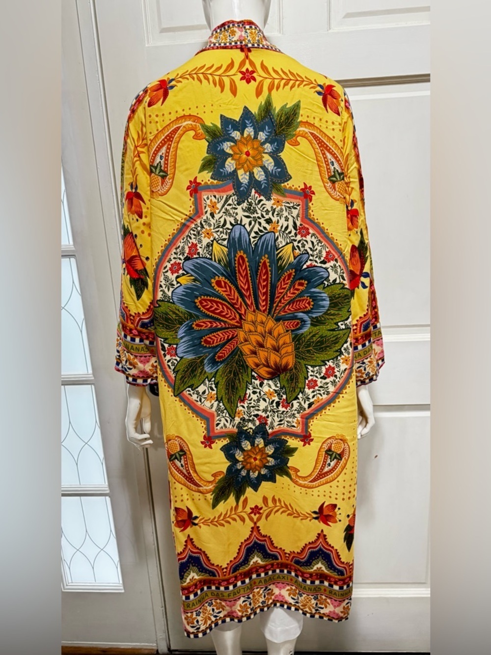 Farm Rio Viscose Vibrant Tropical Floral Yellow Maxi Duster Kimono Sz S